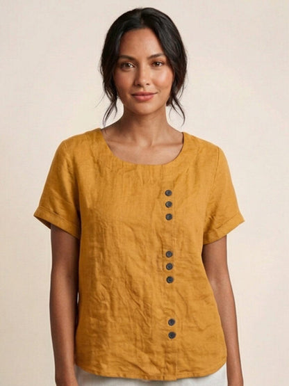 Alethea | Elegant Olive Women’s Linen Round Neck Button Blouse