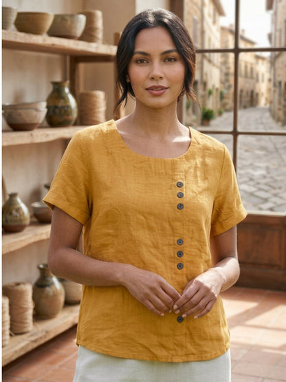 Alethea | Elegant Olive Women’s Linen Round Neck Button Blouse