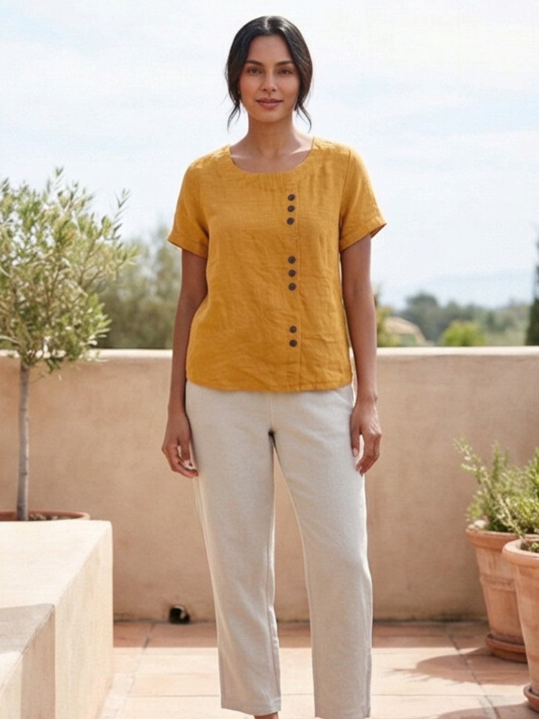 Alethea | Elegant Olive Women’s Linen Round Neck Button Blouse