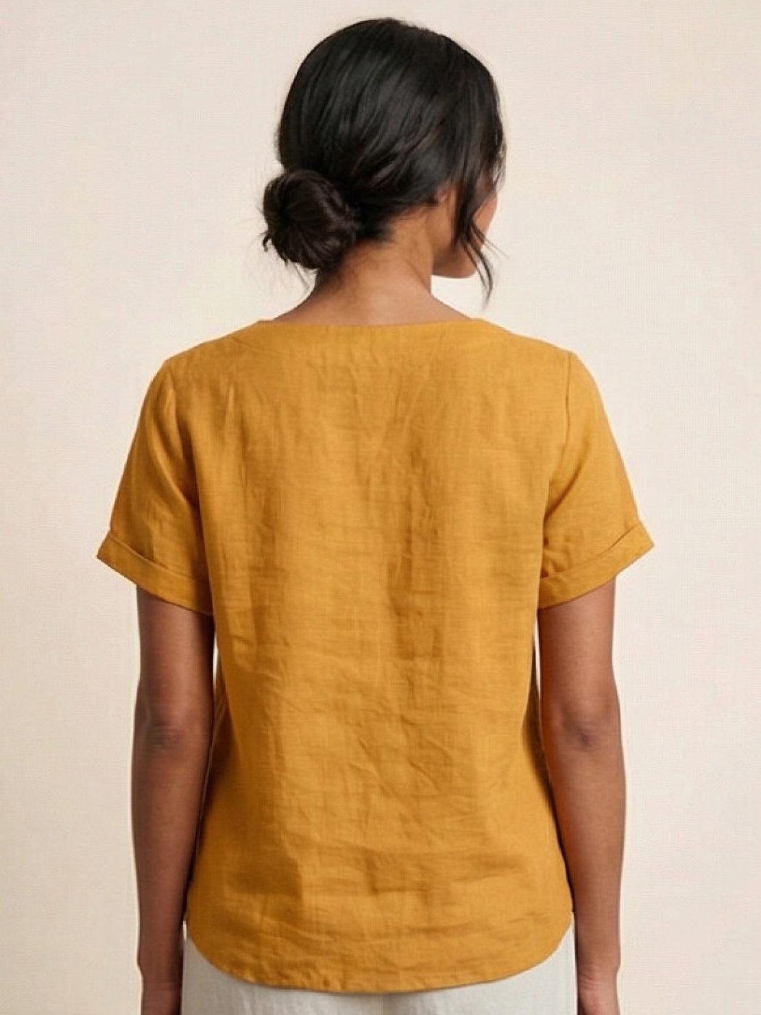 Alethea | Elegant Olive Women’s Linen Round Neck Button Blouse