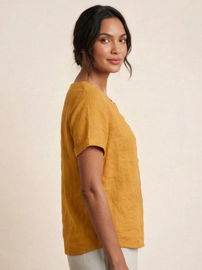 Alethea | Elegant Olive Women’s Linen Round Neck Button Blouse