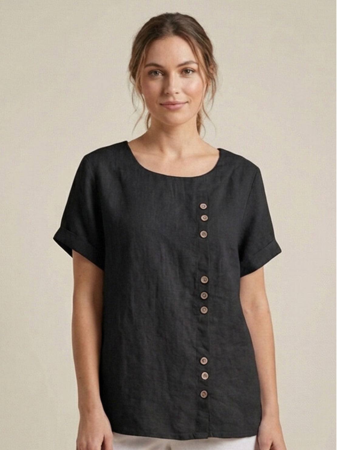 Alethea | Elegant Olive Women’s Linen Round Neck Button Blouse