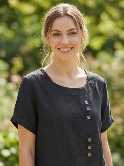 Alethea | Elegant Olive Women’s Linen Round Neck Button Blouse