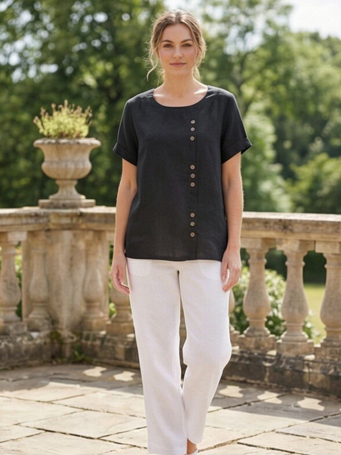 Alethea | Elegant Olive Women’s Linen Round Neck Button Blouse