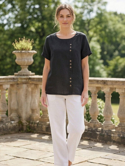 Alethea | Elegant Olive Women’s Linen Round Neck Button Blouse