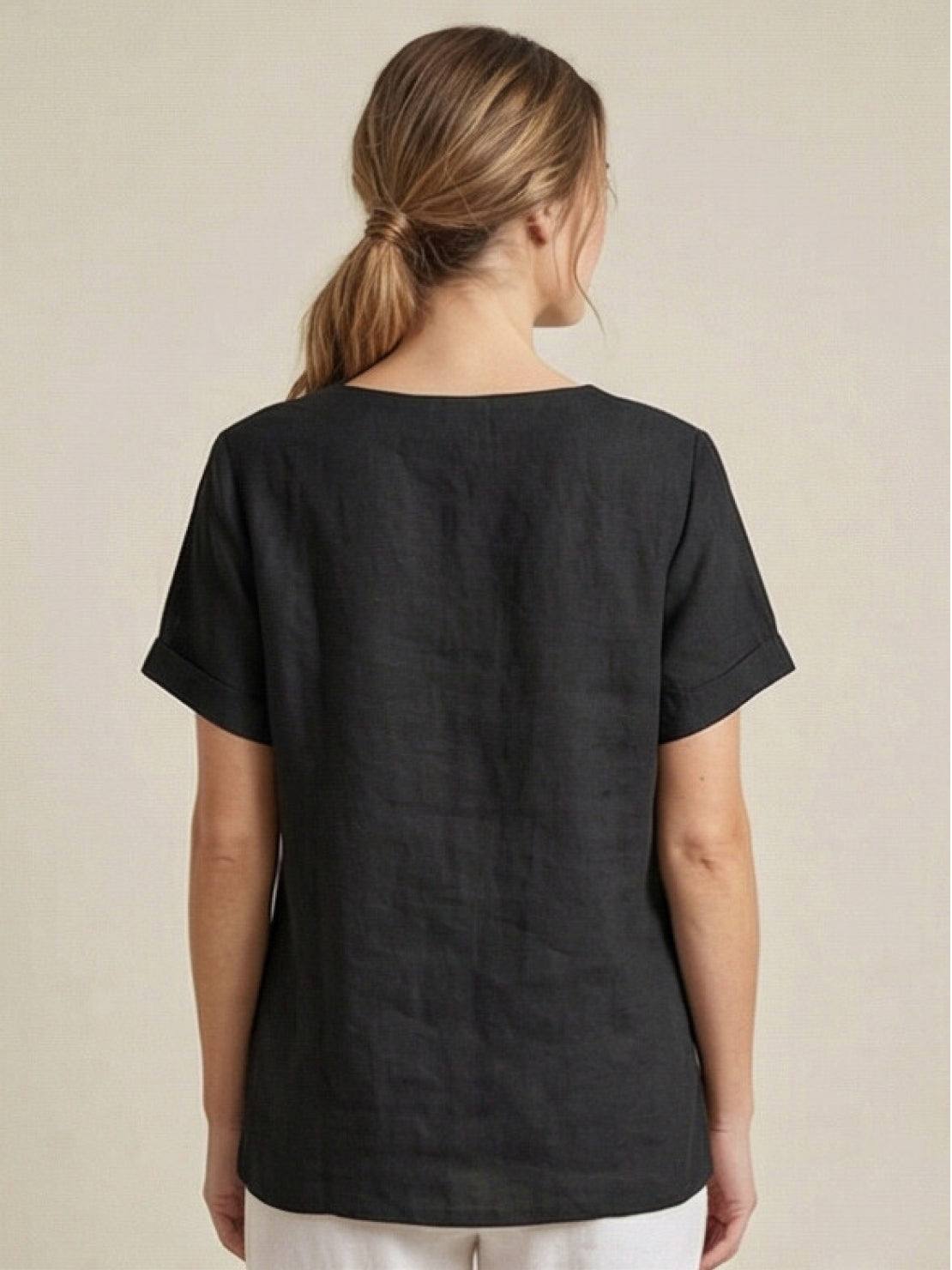 Alethea | Elegant Olive Women’s Linen Round Neck Button Blouse