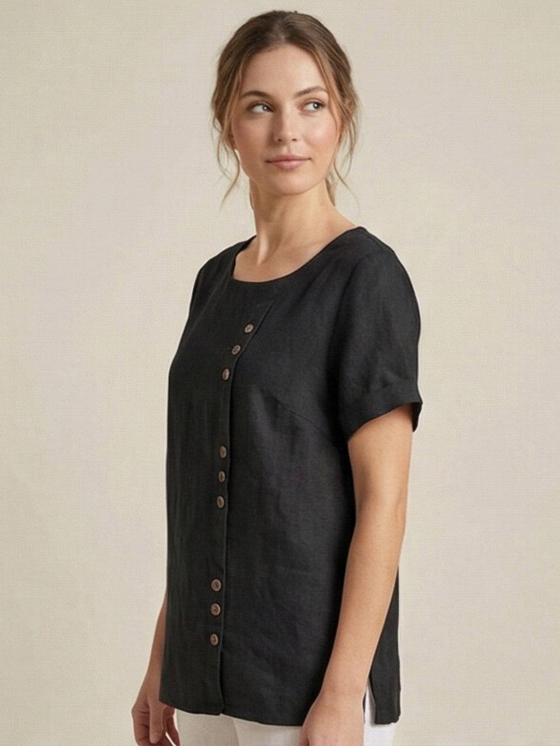 Alethea | Elegant Olive Women’s Linen Round Neck Button Blouse