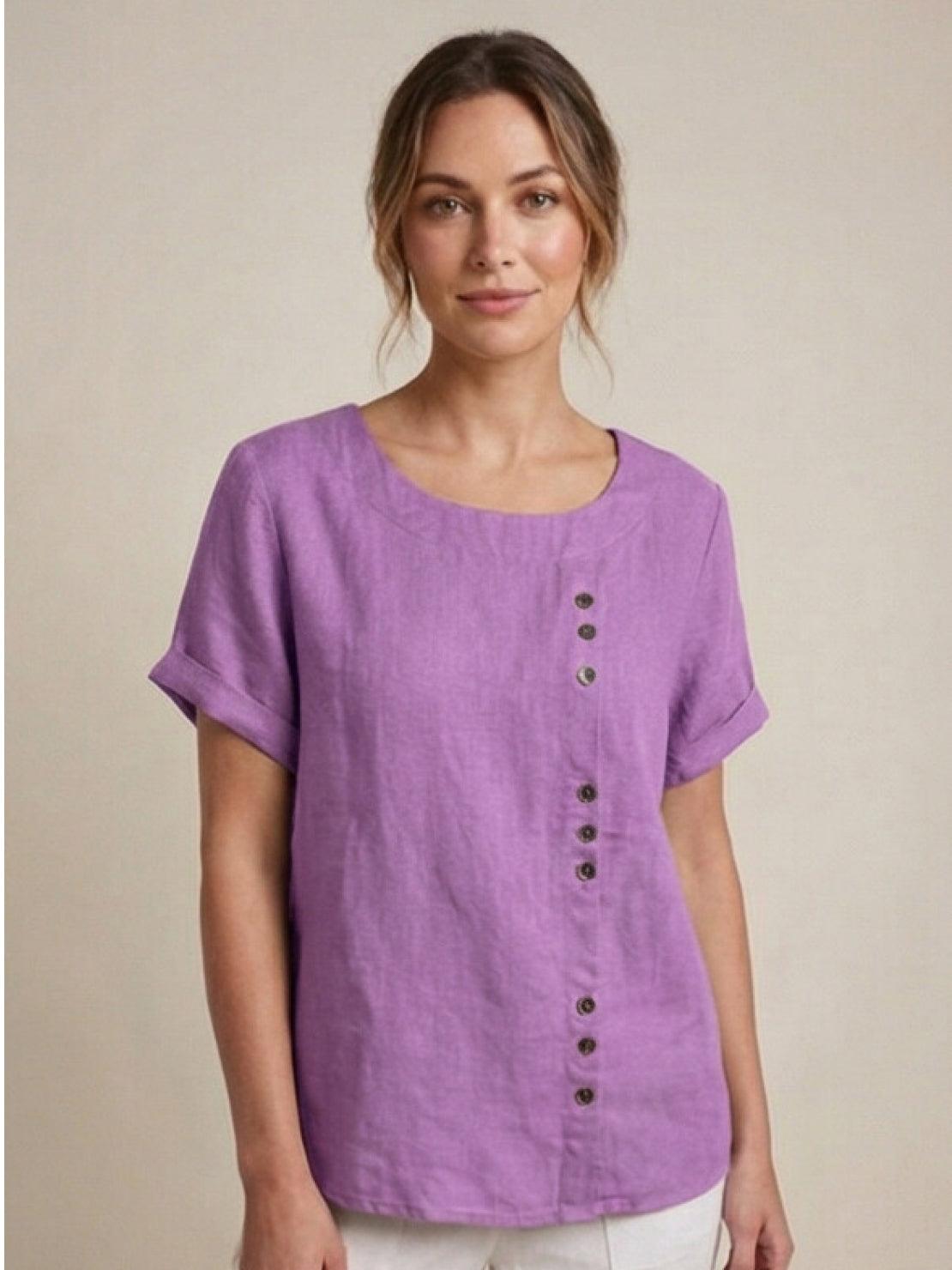 Alethea | Elegant Olive Women’s Linen Round Neck Button Blouse