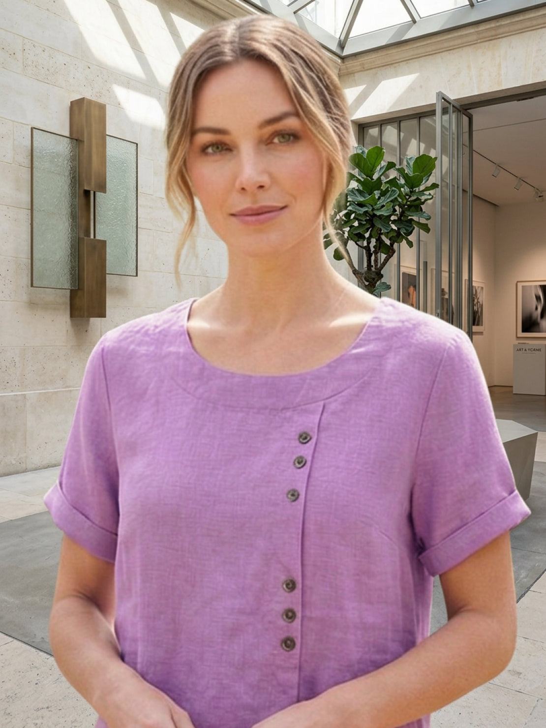 Alethea | Elegant Olive Women’s Linen Round Neck Button Blouse