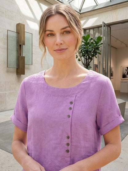 Alethea | Elegant Olive Women’s Linen Round Neck Button Blouse
