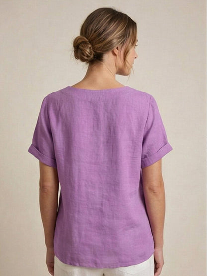 Alethea | Elegant Olive Women’s Linen Round Neck Button Blouse