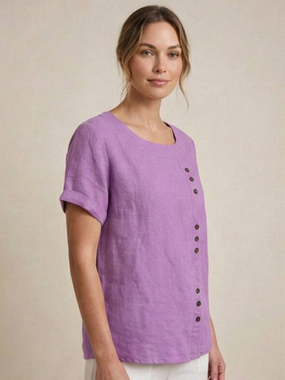 Alethea | Elegant Olive Women’s Linen Round Neck Button Blouse