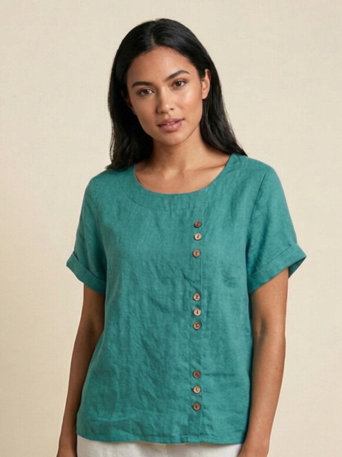 Alethea | Elegant Olive Women’s Linen Round Neck Button Blouse