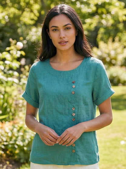 Alethea | Elegant Olive Women’s Linen Round Neck Button Blouse