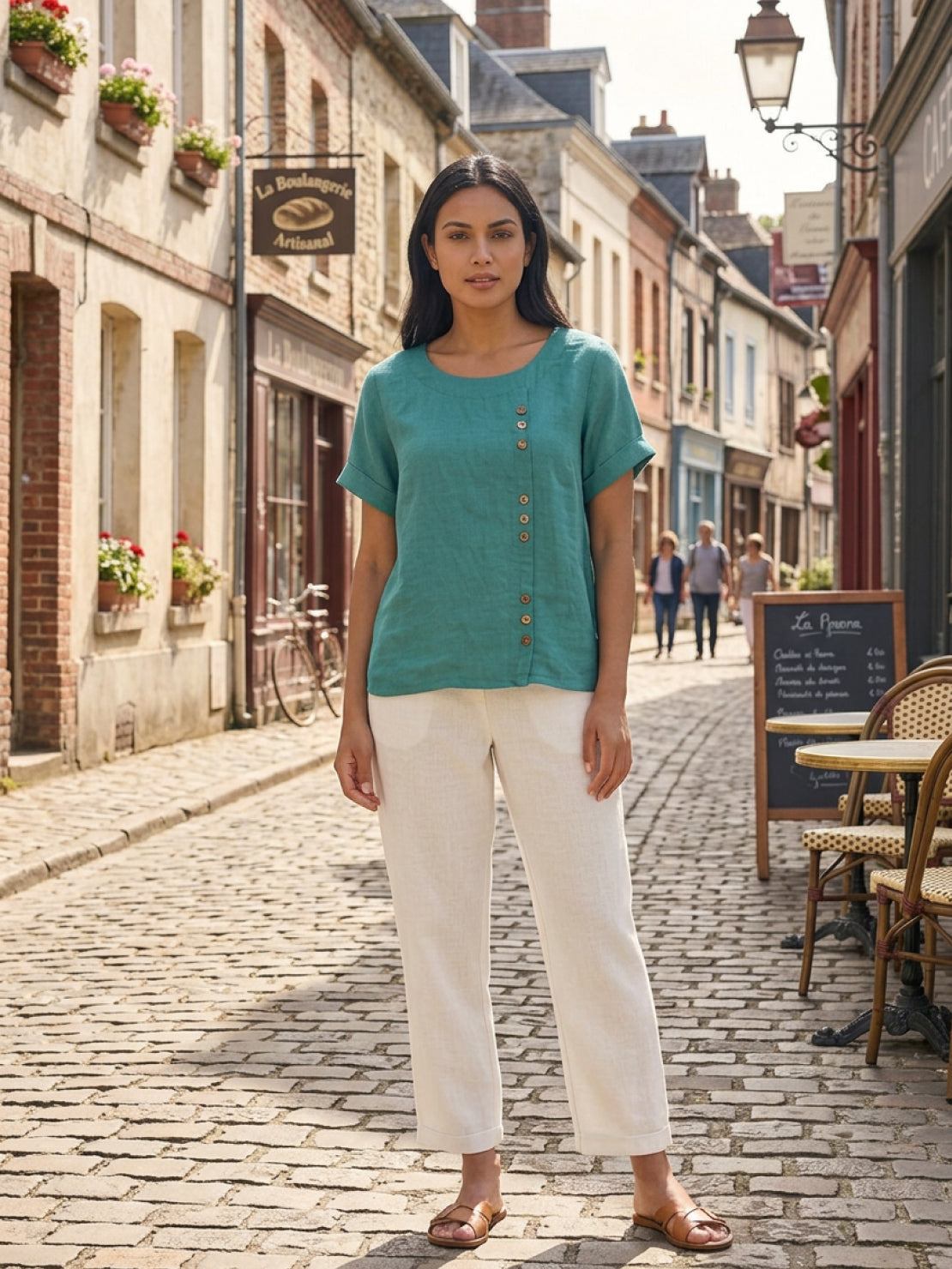 Alethea | Elegant Olive Women’s Linen Round Neck Button Blouse
