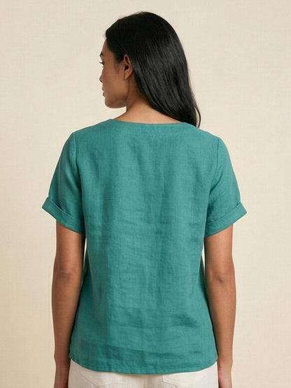 Alethea | Elegant Olive Women’s Linen Round Neck Button Blouse