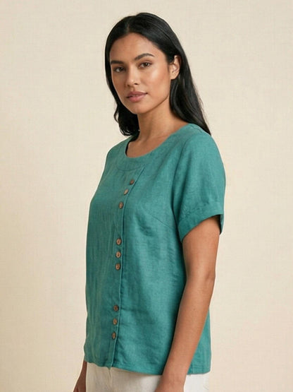 Alethea | Elegant Olive Women’s Linen Round Neck Button Blouse