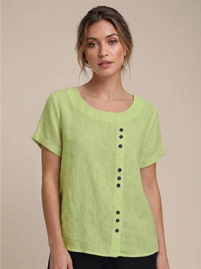 Alethea | Elegant Olive Women’s Linen Round Neck Button Blouse