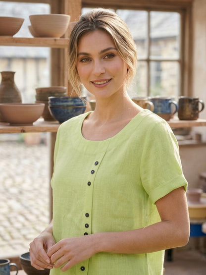 Alethea | Elegant Olive Women’s Linen Round Neck Button Blouse