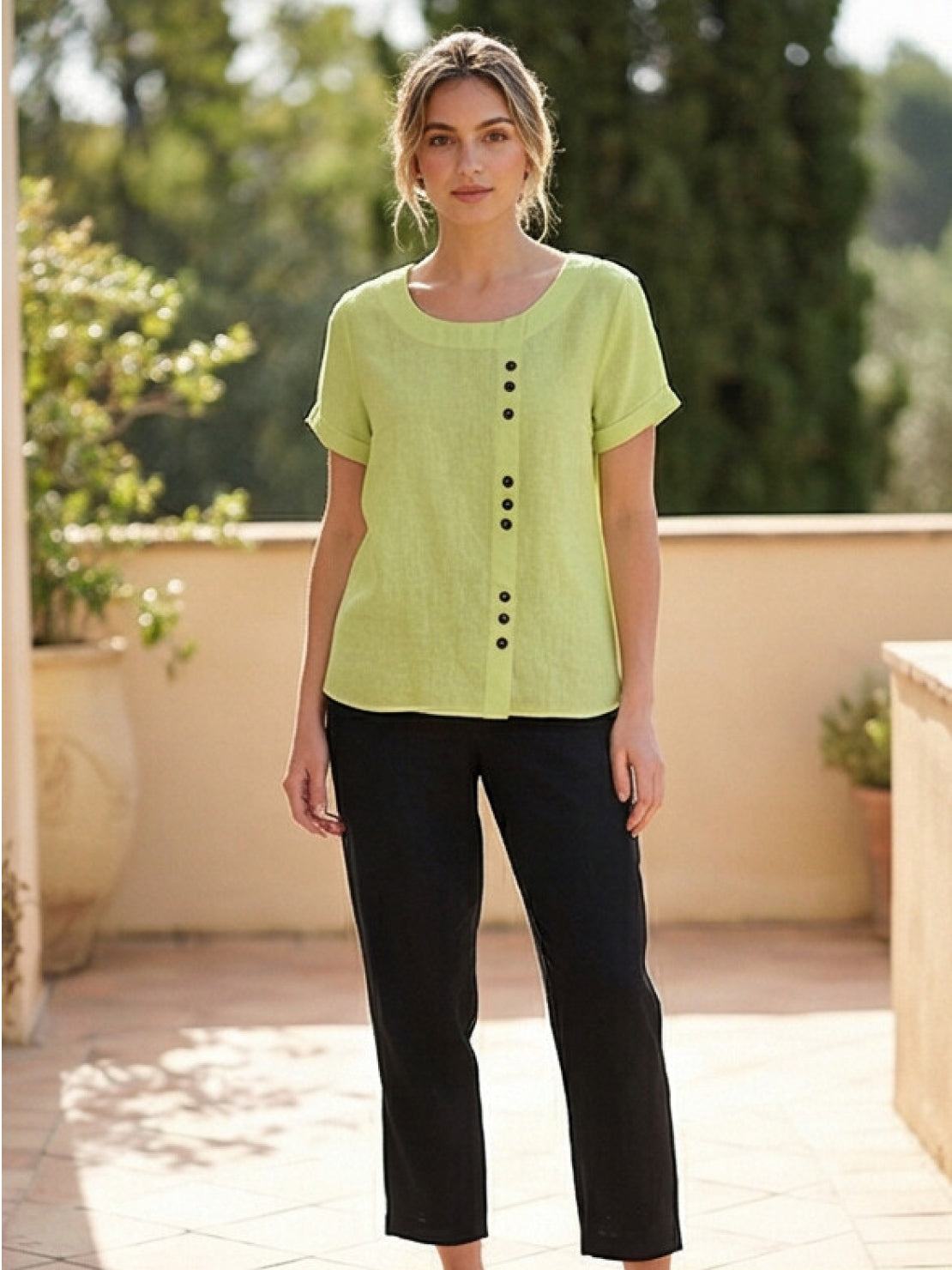 Alethea | Elegant Olive Women’s Linen Round Neck Button Blouse
