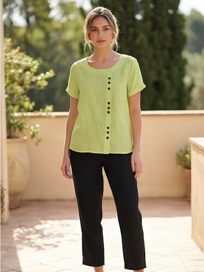 Alethea | Elegant Olive Women’s Linen Round Neck Button Blouse