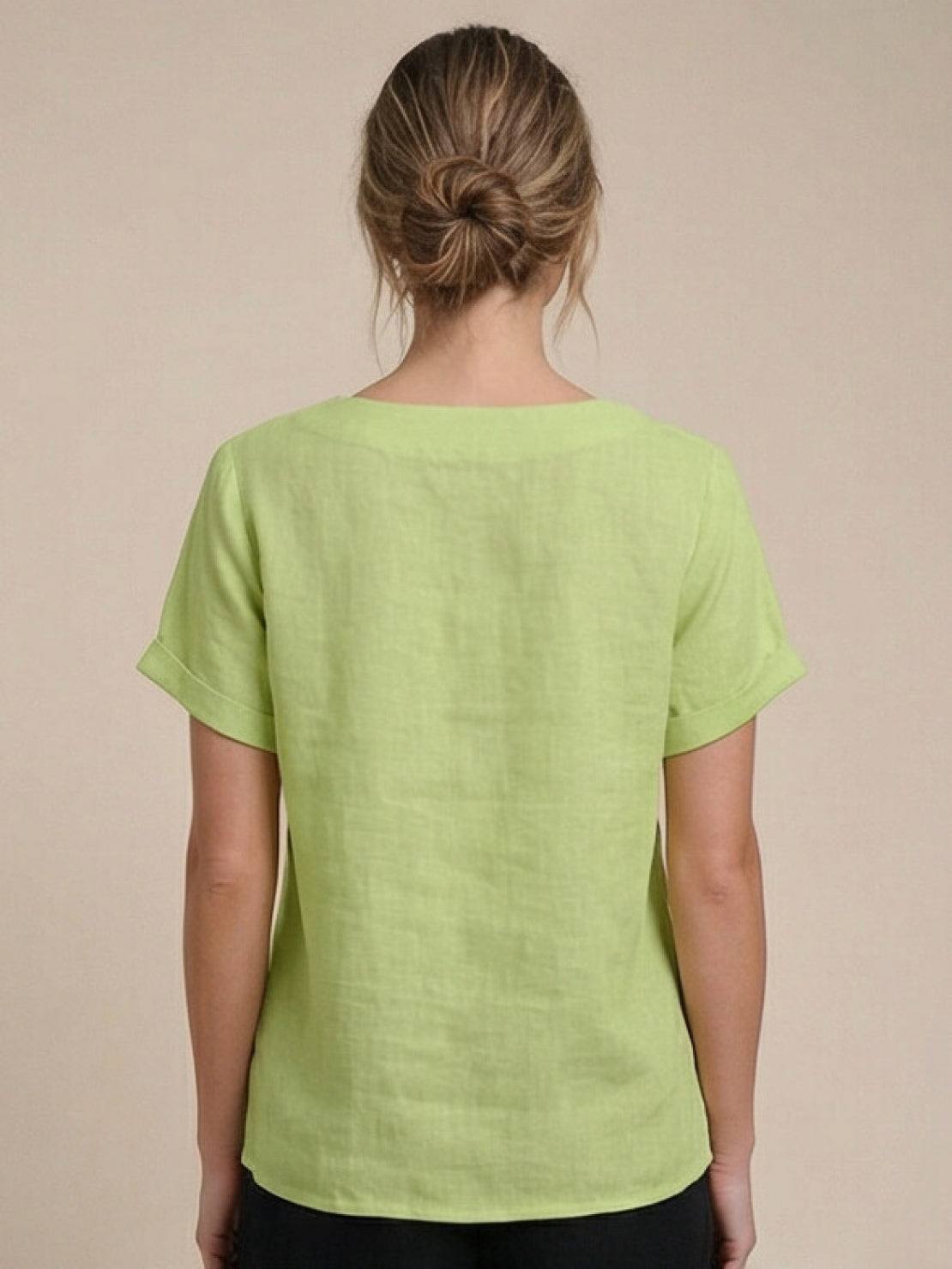 Alethea | Elegant Olive Women’s Linen Round Neck Button Blouse