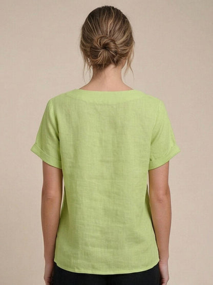 Alethea | Elegant Olive Women’s Linen Round Neck Button Blouse