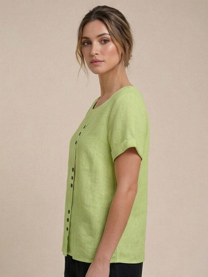 Alethea | Elegant Olive Women’s Linen Round Neck Button Blouse