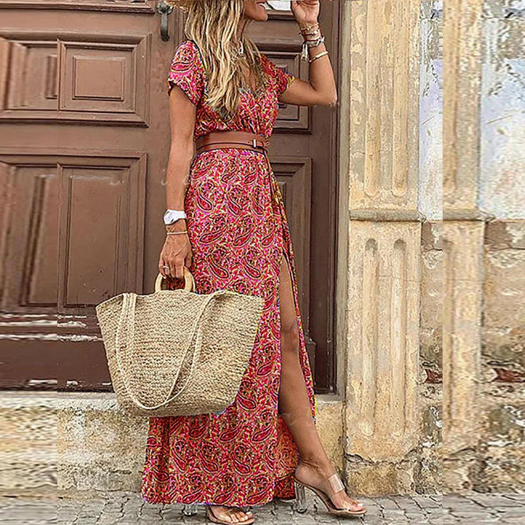 Adriana | Women's Boho Floral Printed Short Sleeve Maxi Dress with Slit
