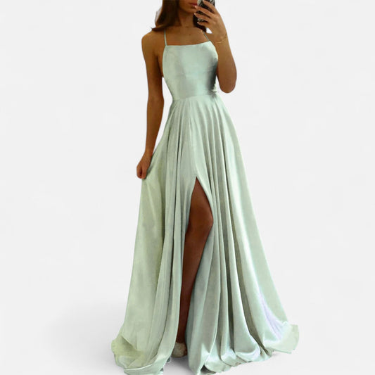 Astrid | Elegant Mint Green Women’s Modern Fit Satin Slit Maxi Dress
