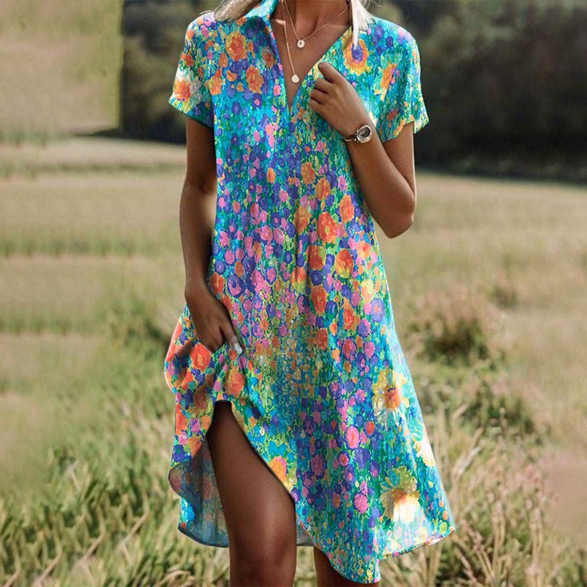 Alethea | Women's Boho Vibrant Floral Printed Short Sleeve Midi Dress
