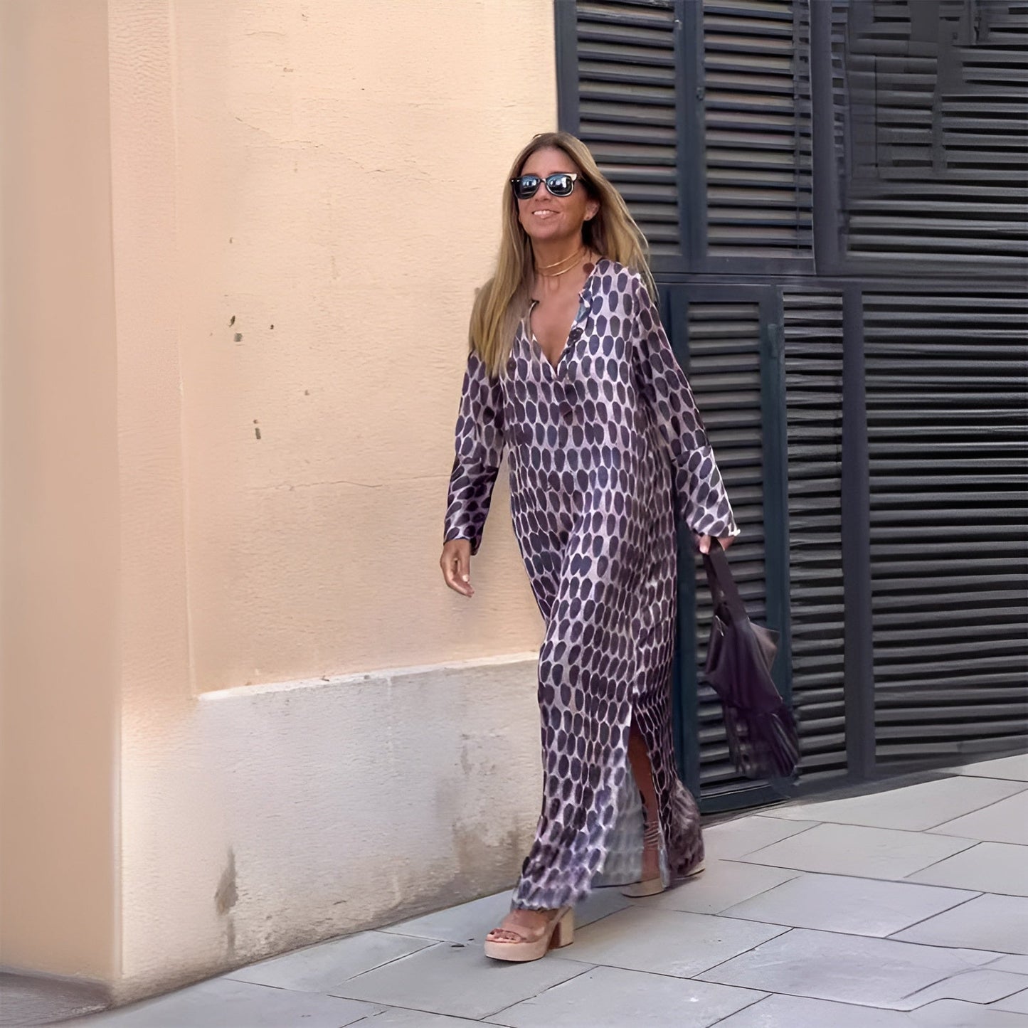 Astrid | Women's Boho Printed Long Sleeve Maxi Dress in Lilac Animal Print