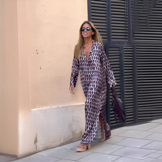 Astrid | Women's Boho Printed Long Sleeve Maxi Dress in Lilac Animal Print