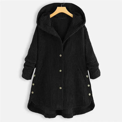 Astrid | Black Ribbed Cosy Hooded Coat