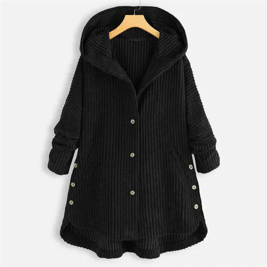 Astrid | Black Ribbed Cosy Hooded Coat