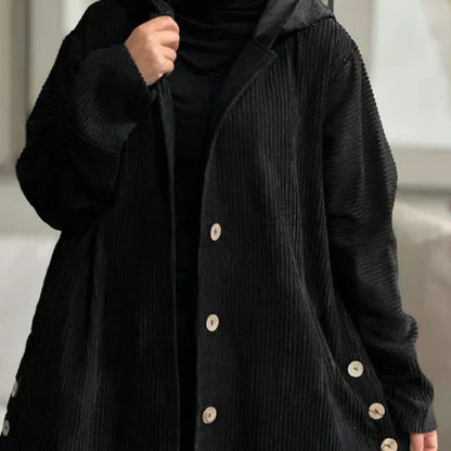 Astrid | Black Ribbed Cosy Hooded Coat