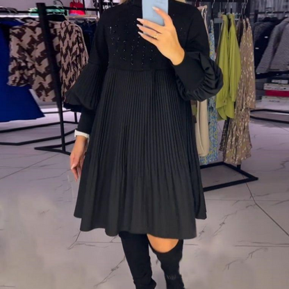 Calista | Elegant Black Midi Dress with Pleats