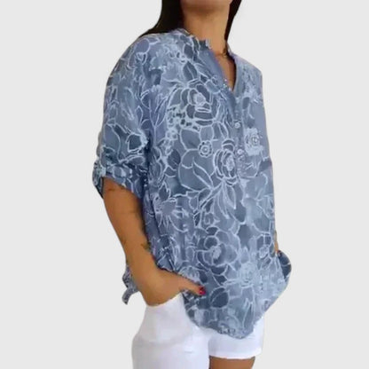 Calantha | Elegant Blue Floral Sophisticated Blouse