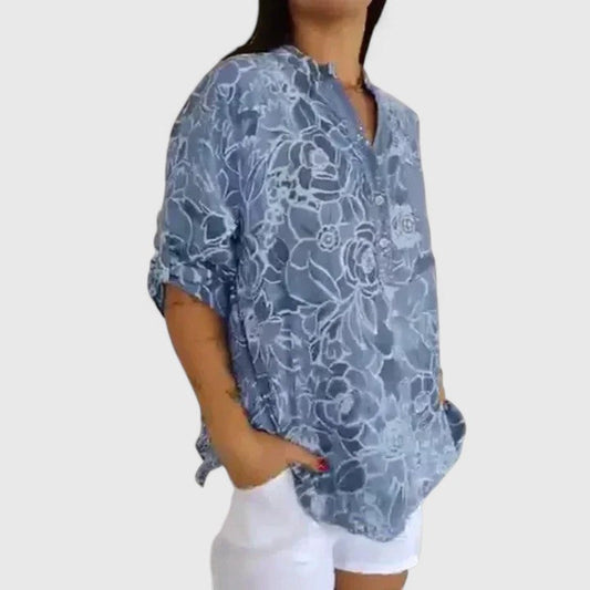 Calantha | Elegant Blue Floral Sophisticated Blouse