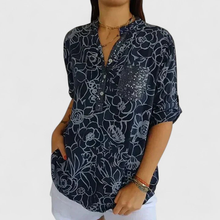 Calantha | Elegant Blue Floral Sophisticated Blouse