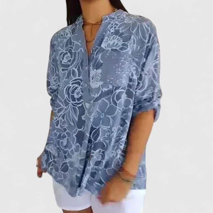 Calantha | Elegant Blue Floral Sophisticated Blouse