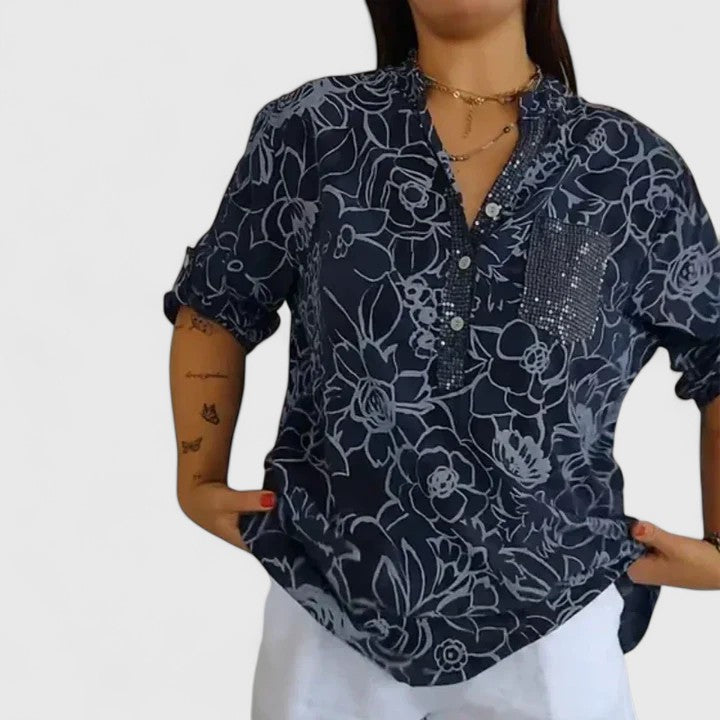 Calantha | Elegant Blue Floral Sophisticated Blouse