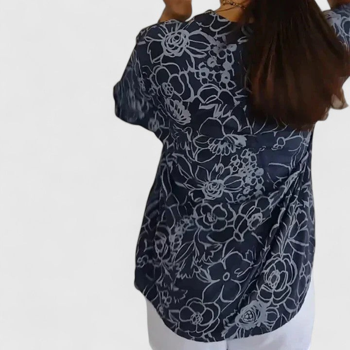Calantha | Elegant Blue Floral Sophisticated Blouse