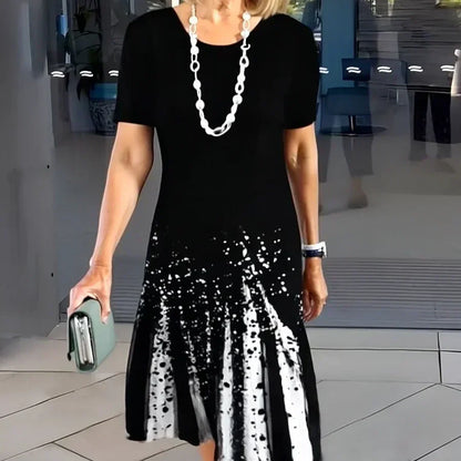 Astrid | Women’s Black & White Printed Short Sleeve A Line Midi Dress