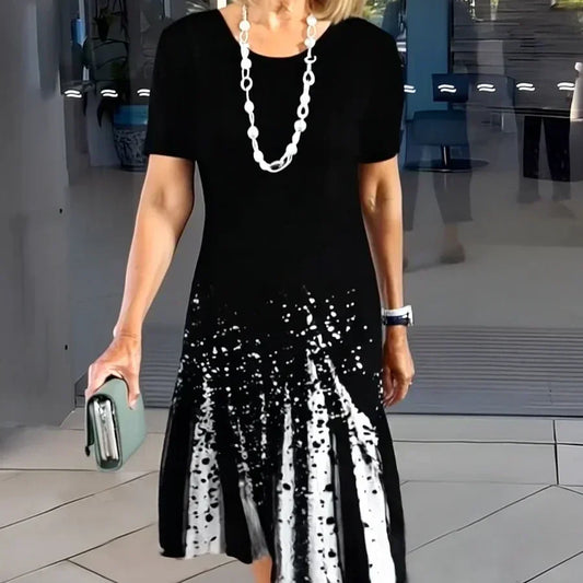 Astrid | Women’s Black & White Printed Short Sleeve A Line Midi Dress