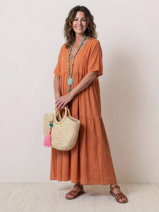 Willow | Terracotta Women's Boho V Neck Tiered Maxi Dress