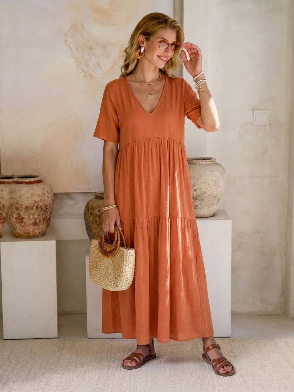 Willow | Terracotta Women's Boho V Neck Tiered Maxi Dress