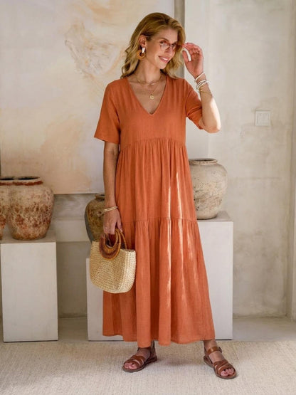 Willow | Terracotta Women's Boho V Neck Tiered Maxi Dress