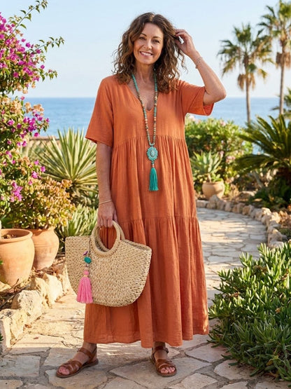 Willow | Terracotta Women's Boho V Neck Tiered Maxi Dress