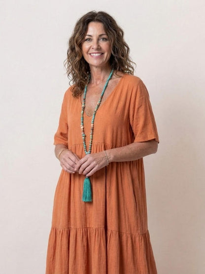 Willow | Terracotta Women's Boho V Neck Tiered Maxi Dress